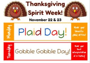 Text that says to wear plaid on Monday and dress like a Turkey on Tuesday