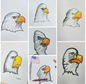 Drawings of American Eagles by students for Veterans Day