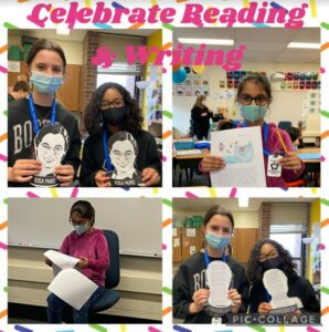 Photos of students holding Celebrate Reading and Writing pieces