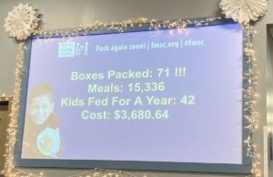 Picture from Feed My Starving Children with number of boxes prepared and more