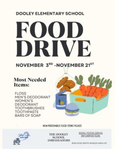 Dooley Food Drive from November 3-21.
We are collecting: Non-perishable food, floss, men's deodorant, women's deodorant, toothbrushes, toothpaste, and bars of soap.

SD54 Amazon wishlist: https://www.amazon.com/hz/wishlist/ls/FLCOUALP8GLX?ref_=wl_share